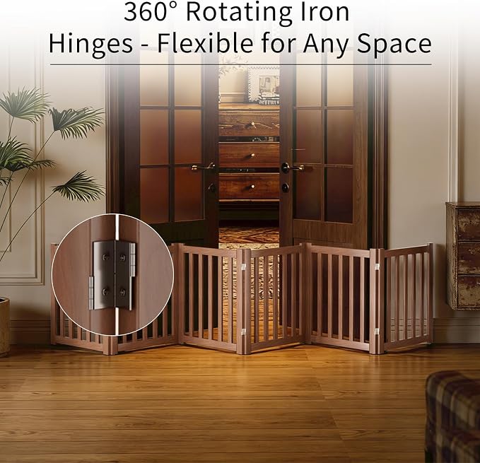 6-Panel Solid Wood Dog Gate - Freestanding Folding Pet Gate for Doorways, Stairs, Indoor, 24" Height, No Installation Needed, Walnut