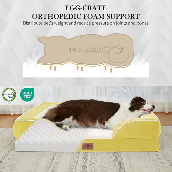 Comfort Expression Orthopedic Dog Bed for Extra Large Dogs 45x35 Inch, Waterproof Egg Crate Foam XL Pet Bed with Removable Bolsters, Dog Couch with Washable Cover & Non-Slip Bottom, Spicy Mustard