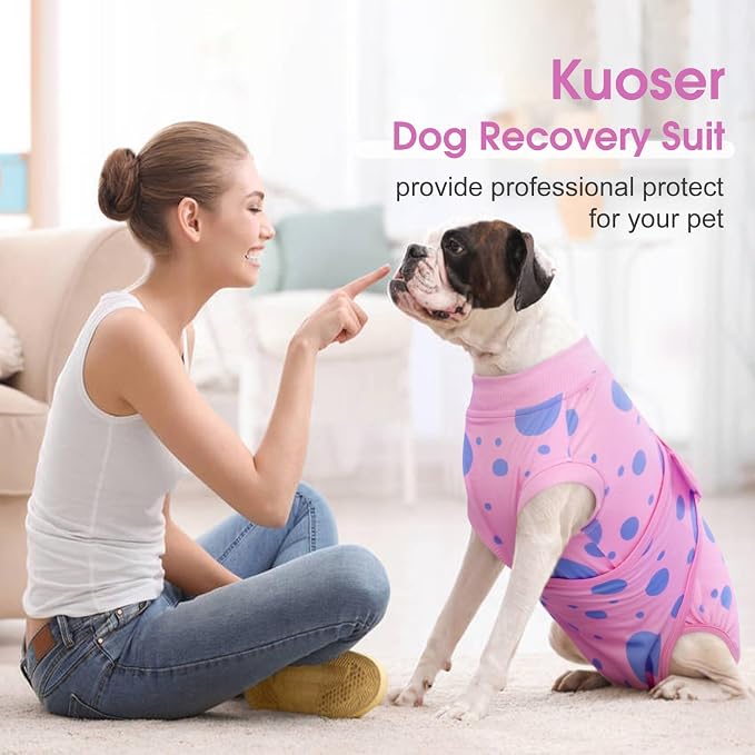 Kuoser Dog Surgery Suit, Soft Dog Spay Recovery Suit Female, Anti Licking Neuter Recovery Suit for Male Dogs, Post-Op Pet Surgical Suit Protective Wear E-Collar & Cone Alternative,Pink Polka Dots XL