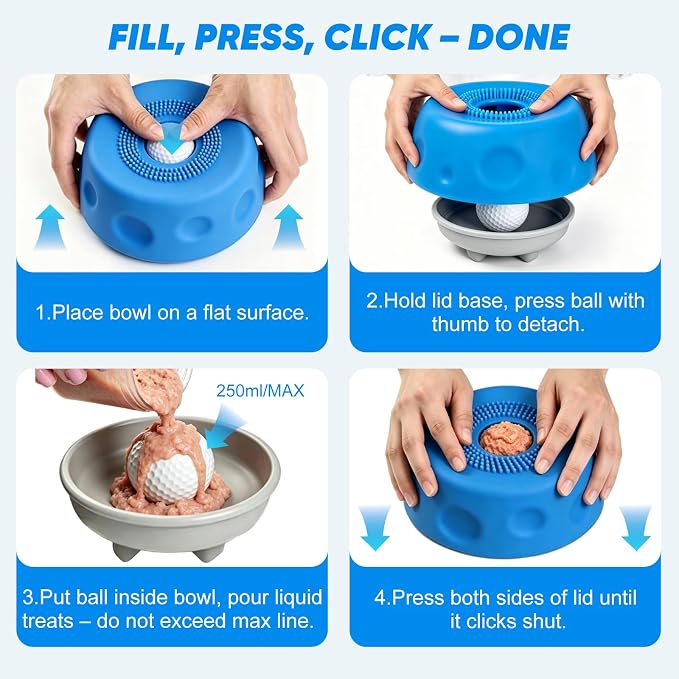 Dog Cat Lick Bowl with Rolling Ball, Slow Feeder Interactive Silicone Bowl with Suction Cup Base, Chew-Resistant for Wet Food & Treats, Easy Clean, 8.5oz/250ml, Blue