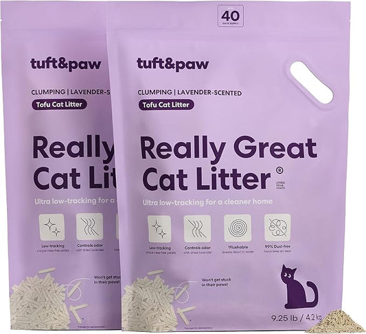 Tuft & Paw Really Great Cat Litter, Low Tracking Tofu Cat Litter, Clumping, Flushable, Odor Control, Dust-Free - 9.25lbs x 2Bags (Lavender Scented)