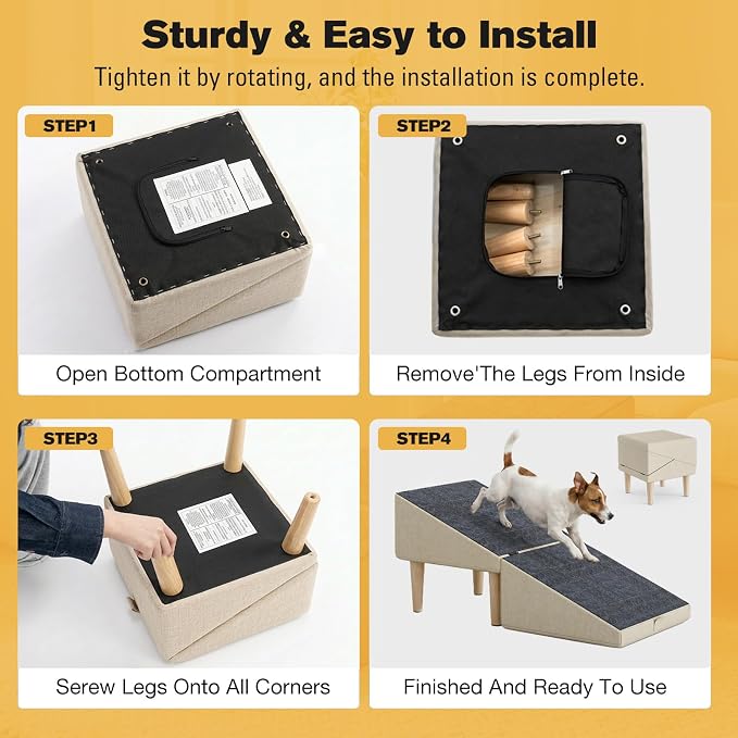 2-in-1 Folding Dog Ramp & Stairs for Small Dogs and Cats Split Ottoman for Couch/Bed, with Removable Washable Anti-Slip Mat & Cleaning Brush, Khaki
