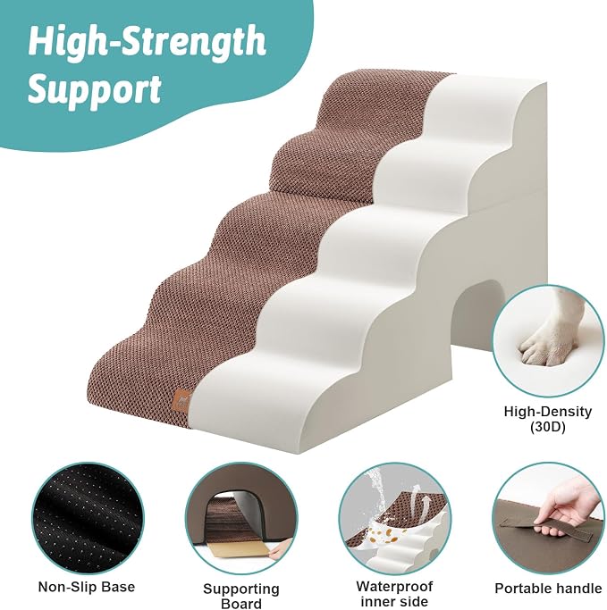 COZY KISS Wide Dog Stairs with Tunnel, Foam Detachable Large Dog Step for Small Pet, Puppy or Cats, Medium Pet Ramp for High Bed, Couch, Sofa or Car, 19.7x33x22.4 inch, 5 Step, Brown