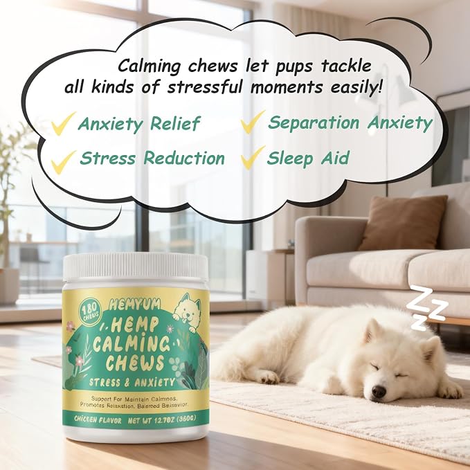 Hemp Calming Chews for Dogs, Natural Anxiety Relief Supplement, Stress Sleep Support, Reduce Barking Separation Anxiety, Chicken Flavor, 180 Soft Chews for All Dog Breeds & Ages