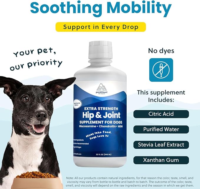 Liquid Glucosamine for Dogs 2600mg, Hip & Joint Supplement with Chondroitin & MSM, 32 oz Mobility Support for Large Dogs, Human-Grade Joint Care Made in GMP & FDA Registered Facility