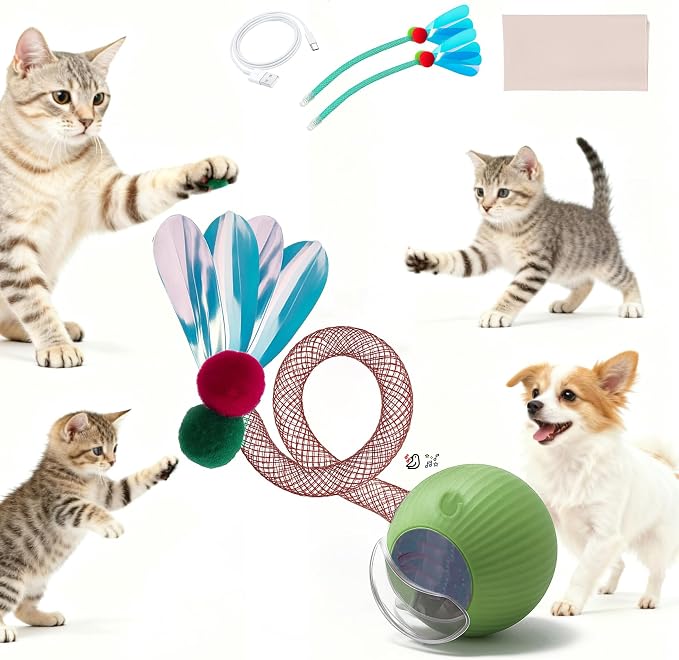 Cat Toys for Indoor Cats – Automatic Kitten Interactive Toy with Speedy Ball Tail as Pet Mental Stimulation -Kittens Small Dogs and Bored Adult Dog Balls to Keep Them Busy as Enrichment -Green