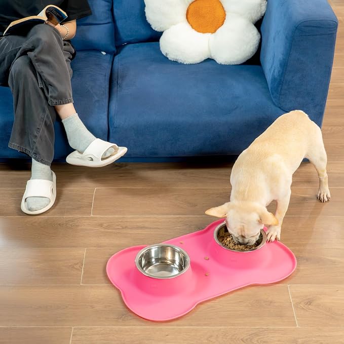 Conlun Medium Pet Feeding Station, 29oz Stainless Steel Dog Bowls Set, No Spill Food & Water Dishes with Non Slip Silicone Mat for Breeds Up to 55 Lbs, Pink
