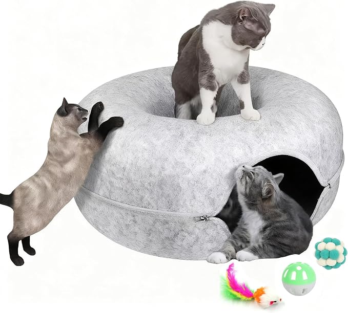 Cat Donut Tunnel Bed for Indoor Cats - Peekaboo Cat Cave, Detachable Felt, Washable, Interactive Play & Cozy Rest Space for Multiple Cats (Light Gray)
