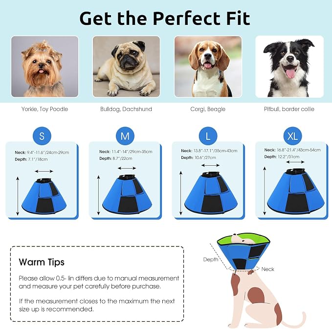 Queenmore Dog Cones for Small Dogs, Soft Cone for Dogs After Surgery, Adjustable Comfy Cone for Dogs & Cats, Comfortable Pet Cone After Surgery for Wound Healing, Blue&Green S