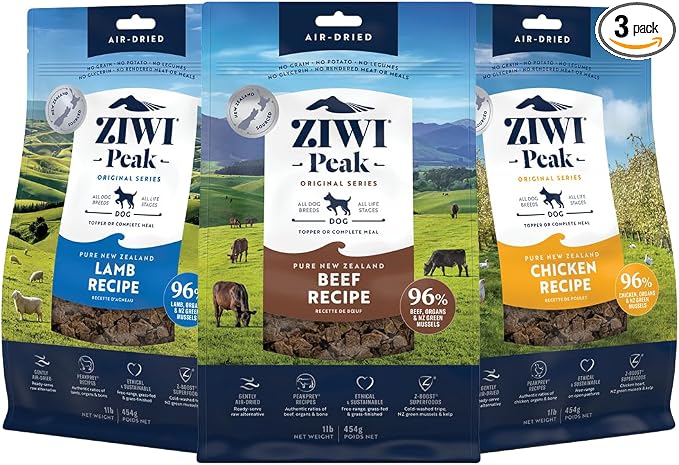 ZIWI Peak Air-Dried Dog Food Bundle - All Natural, High Protein, Grain Free & Limited Ingredient with Superfoods (Beef, Lamb & Chicken, 16oz Each)