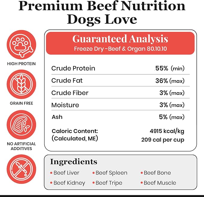 Freeze Dried Raw Beef & Organ Raw Dog Food, 80/10/10 Recipe with Beef, Organs & Ground Bone, High Protein Grain Free Freeze Dried Dog Food Topper for Dog's of All Life Stages, Made in USA, 8 Oz