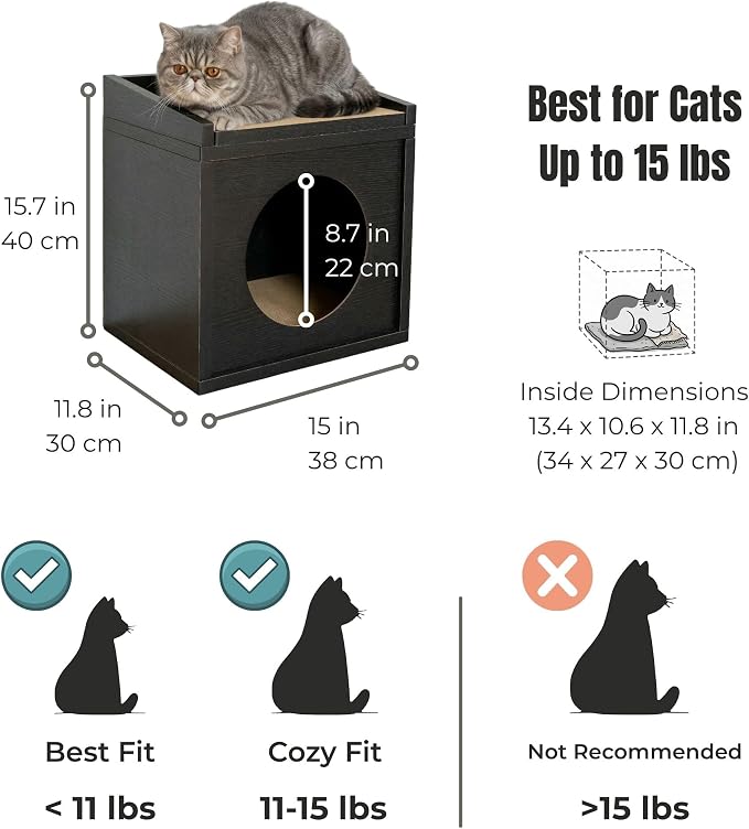 Meowdium Cat House for Indoor Cats – Cat Condo with 5X Longer-Lasting Cardboard Scratcher, 2 Scratcher Levels, Hideout & Top Lounge, Black
