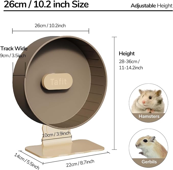 Quiet Hamster Wheel 10.2 Inch Dual-Bearings Silent Small Animals Running Exercise Wheel Height Adjustable for Syrian Hamsters, Gerbils, Rats, or Other Small Pets, Mousse White