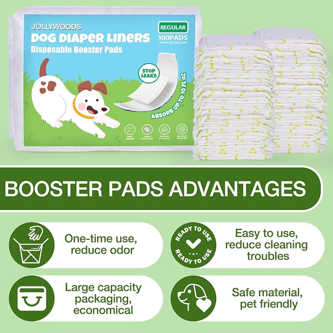 Jollywoods Dog Diaper Liners 150Pcs, Disposable Diapers Inserts for Male & Female Dogs, Booster Pads Fit Reusable Dog Belly Bands, Male Wraps and Period Diapers, Super Absorbent Leakproof Regular