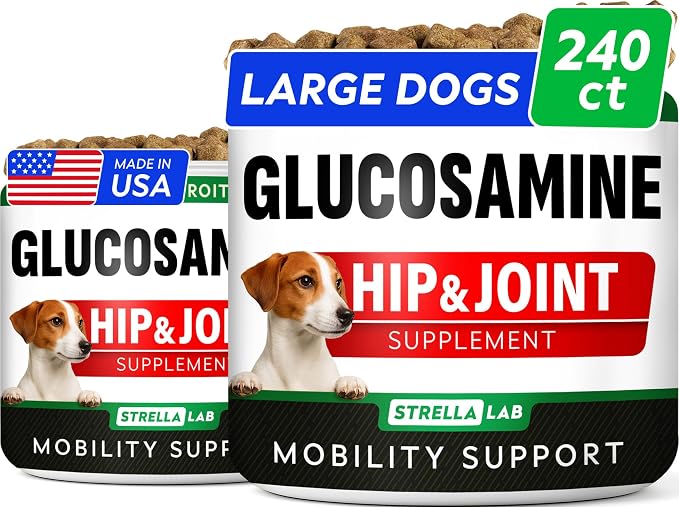 Glucosamine for Large Dogs - Joint Supplement Large Breed w/Omega-3 Fish Oil - Chondroitin, MSM - Advanced Mobility Chews - Joint Pain Relief - Hip & Joint Care - Chicken Flavor - 240Ct - Made in USA