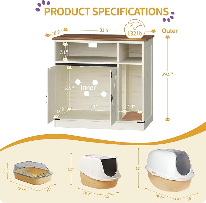 Hzuaneri Cat Litter Box Enclosure, Hidden Litter Box Furniture with Storage, Wooden Cat Cabinet with Scratch Pad, Farmhouse Cat Washroom, TV Stand End Table, Rustic Brown and White CB87514X