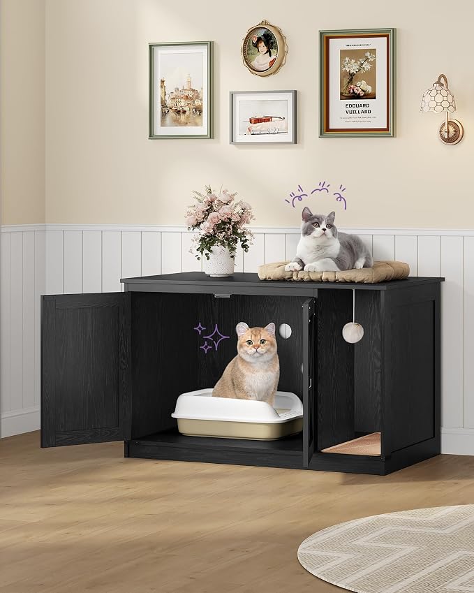 Hzuaneri Cat Litter Box Enclosure, Hidden Litter Box Cabinet Furniture with Bell, Indoor Cats House, Farmhouse Style, 39.4 x 21.7X 24.8 Inches for Hallway, Bedroom, Black CB85204X