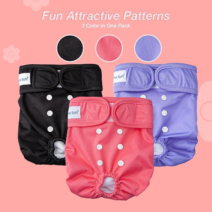 Pet Soft Washable Female Diapers (3 Pack) Female Dog Diapers, Comfort Reusable Doggy Diapers for Girl Dog in Period Heat (Sprightly, S)