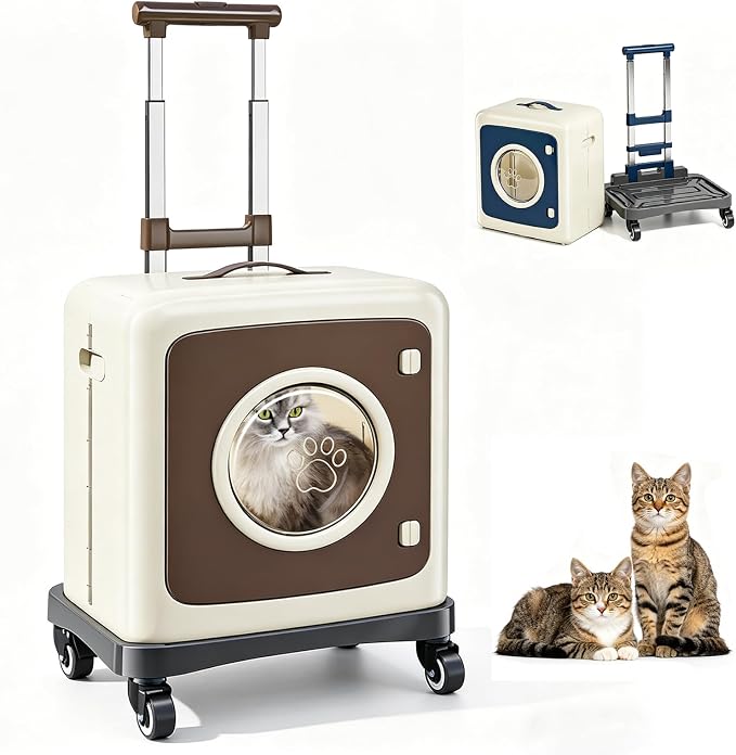 Pet Carrier with Wheels Foldable Cat Carrier, 3-Level Adjustable Handle 360° Wheels, Detachable Multi-Use Rolling Pet Travel Carrier for Cats & Small Dogs, Portable Outdoor Travel Pet Crate (Coffee)