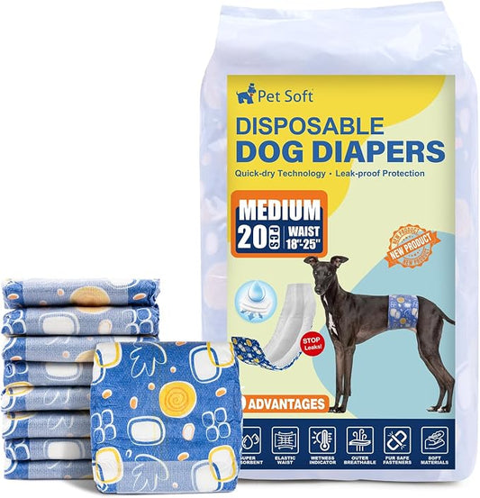 Pet Soft Male Dog Diapers - Disposable Male Dog Wraps with Wetness Indicator, Puppy Diapers for Pets Excitable Urination or Incontinence, 20pcs Medium