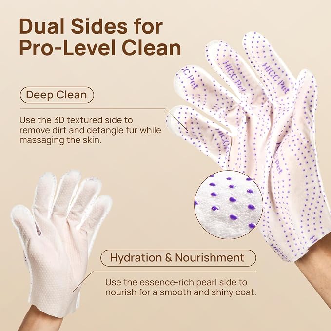 HICC PET Glove Wipes Pro Series for Dogs & Cats, Extra Thick Dual-Textured Grooming Wipes, Rinse-Free Shampoo Mittens for Quick Cleaning & Deodorizing, Perfect for Travel, Portable 6 Pack-Unscented