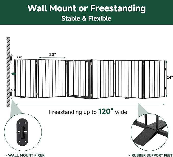 Snagle Paw Full Metal Freestanding Dog Gate with Door, 120” W x 24” H Pet Gate with Support Feet for Doorways, Stairs and Hallways, Portable Dog Fence for Indoor Use(24" 6 Panel, Black)