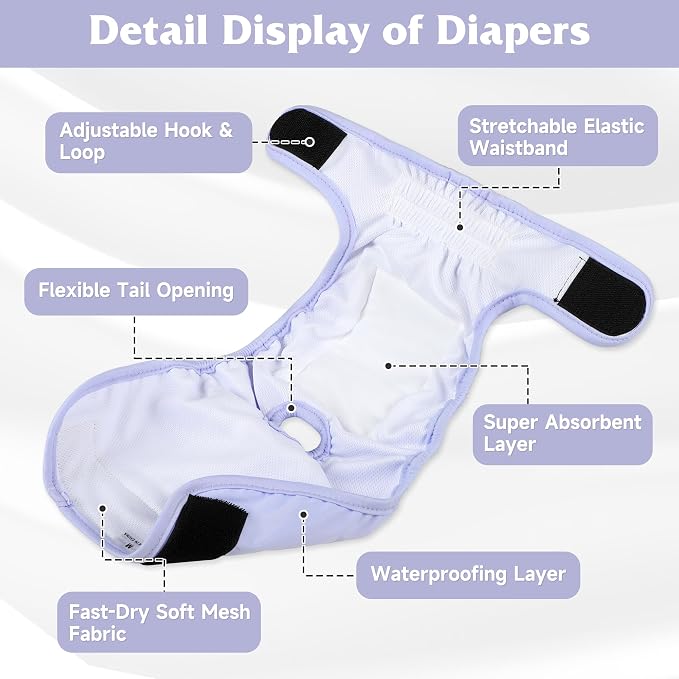5 Pack Reusable Diapers for Doggie, Highly Absorbent Dog Diapers Female for Pet with Incontinence or Frequent Urination, Large Dog Diapers Female, Pink & Purple