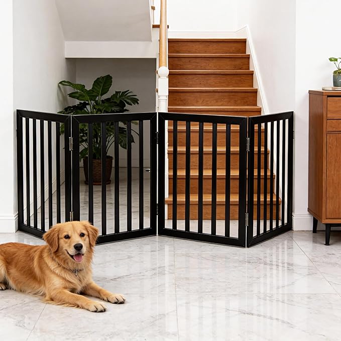 Dog Gate Indoor, Freestanding Dog Fence for The House, Doorways, Hallways,or Stairs,Pet Gate Foldable Wooden,Expandable 24" Height 4 Panels,Black