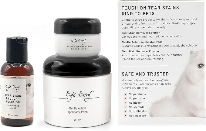 Eye Envy Cat Tear Stain Remover Starter Kit. Gentle, Natural, Safe. Contains: Stain Solution, Applicator Pads, and Stain Powder. Tear Stain Cleaning Kit. Lasts 30-45 Days. Made in USA