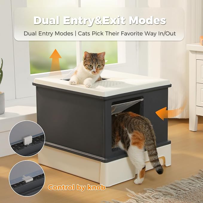 PEQULTI Large Cat Litter Box with Lid, 88L High Capacity Covered Kitty Litter Box, Anti-Leaking Raised Edge Guard, Pull-Out Drawer Design & Foldable Large Scoop, Front & Top Entry, Dark Grey