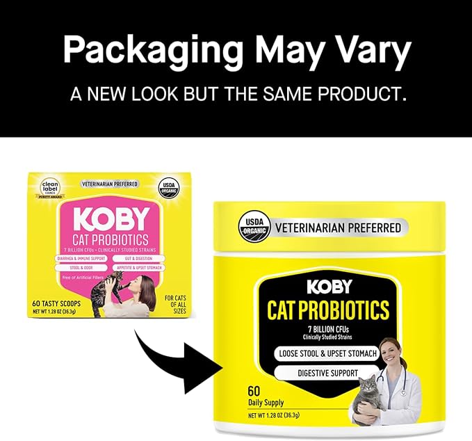 Koby Cat Probiotics | Daily Digestive Support for Sensitive Cats | Helps Loose Stool & Upset Stomach | Certified Organic | Vet Preferred, Clinical Dose | Easy-to-Use Powder