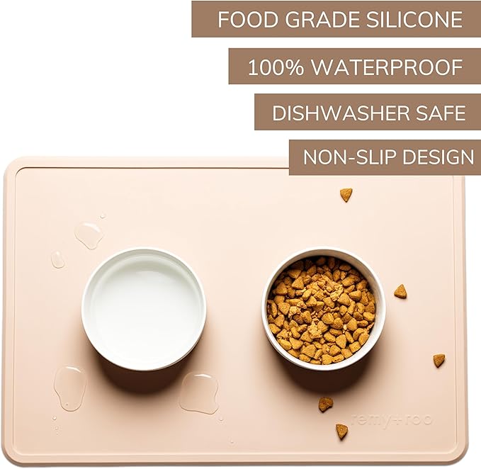 Remy+Roo Sand Silicone Dog Food Mat for Pet Bowl | 23.6" x 15.7" | 100% Waterproof | Non-Slip | Dishwasher Safe