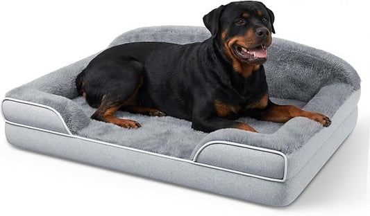 Orthopedic Jumbo Dog Bed for Giant Dogs, 48 x 35 Inch Waterproof Memory Foam XXL Dog Sofa Bed with Sides, Non-Slip & Washable Removable Cover, Light Grey