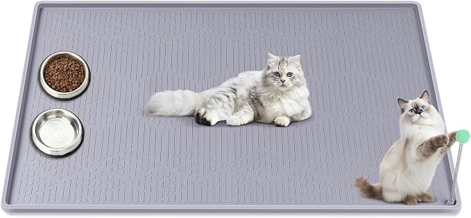 Cat Food Mat with Toy Ball, 38'' x 25'' Extra Large Silicone Pet Feeding Mat with Raised Edge Pet Placemat for Food and Water Bowl Non-Slip, Easy to Clean, Floor Protection (Grey)