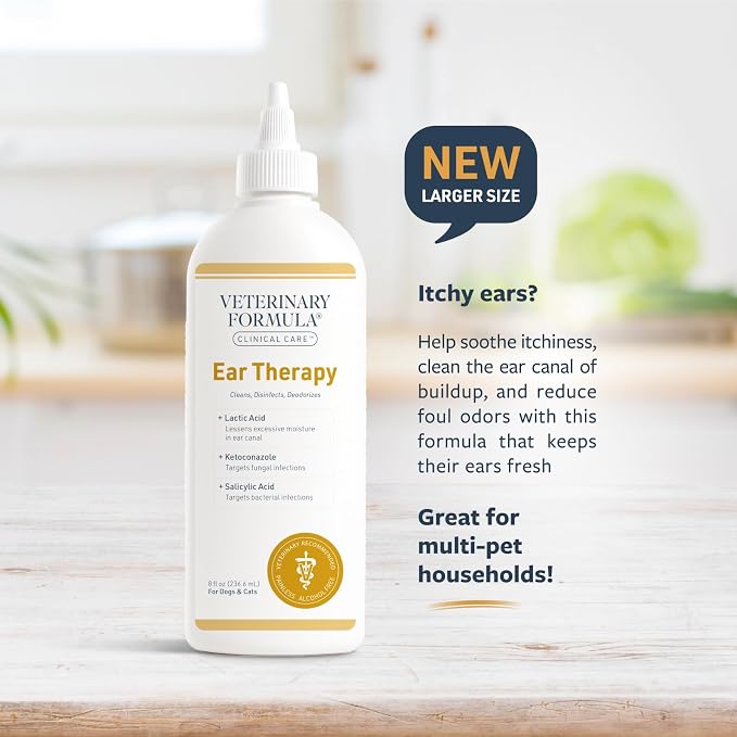 Veterinary Formula Clinical Care Ear Therapy Bundle with Cleaner Solution 8 Fl Oz + Cleaner Wipes 100 ct – Cat & Dog Ear Cleaner, Helps Soothe Itchiness and Clean The Ear Canal of Debris and Buildup