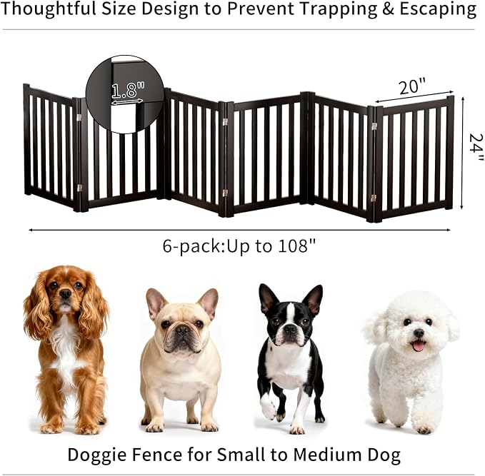 6-Panel Solid Wood Dog Gate - Freestanding Folding Pet Gate for Doorways, Stairs, Indoor, 24" Height, No Installation Needed, Black