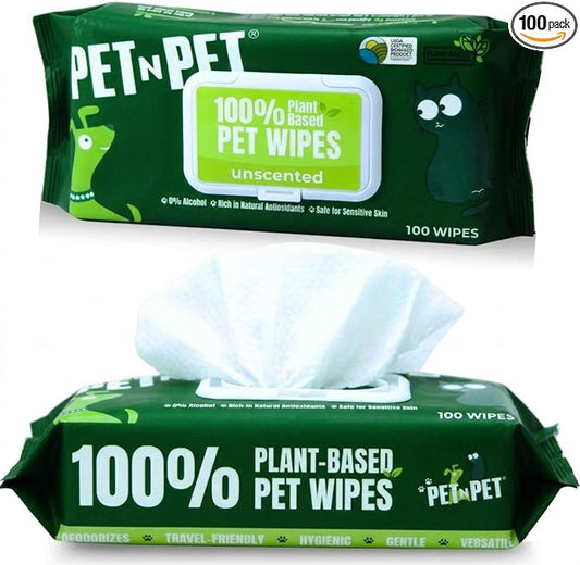 Pet N Pet 100% Plant Based Dog Wipes for Paws and Butt, 100 Counts Hypoallergenic Unscented Dog Pet Wipes, 8" x 8"