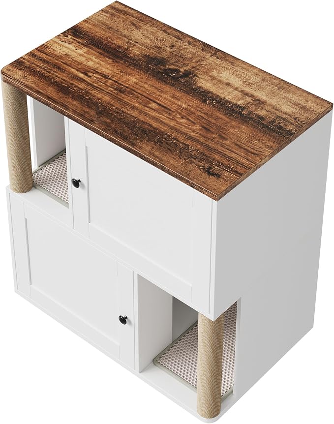 2 Tier Cat Washroom,Modern Farmhouse Double Cat Litter Box Enclosure Furniture,Hidden Cabinet with 2 Scratch Mats & Post, Multi-Functional End Side Table for 2 Cats, Odor-Control Wooden Washroom Cabin