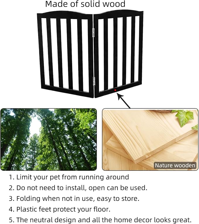 Freestanding Dog Gate Indoor,Doggie Gate Foldable Pet Gates for Doorways,Stairs or Hallways, Wooden Black Pet Gate for the House, Pet Fence,24 "Height-2 Panels