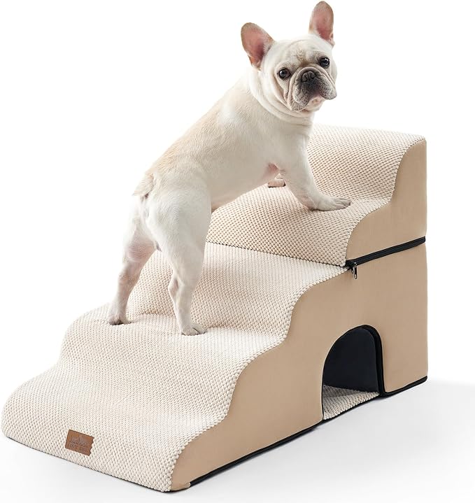 COZY KISS Dog Stairs for Small Pets, 3-Step 2-in-1 Transformable Pet Steps for Couch and Bed, 15.7 Inches High, Suitable for Old Cats and Puppies, Beige, 17.7 x 33 x 22.4 in