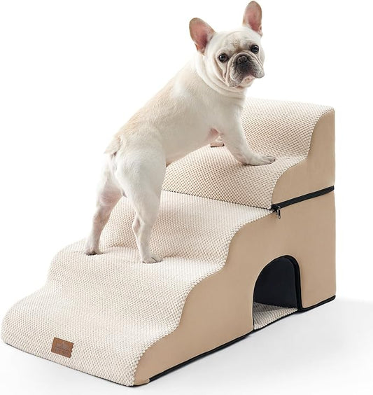 COZY KISS Dog Stairs for Small Pets, 3-Step 2-in-1 Transformable Pet Steps for Couch and Bed, 15.7 Inches High, Suitable for Old Cats and Puppies, Beige, 17.7 x 33 x 22.4 in