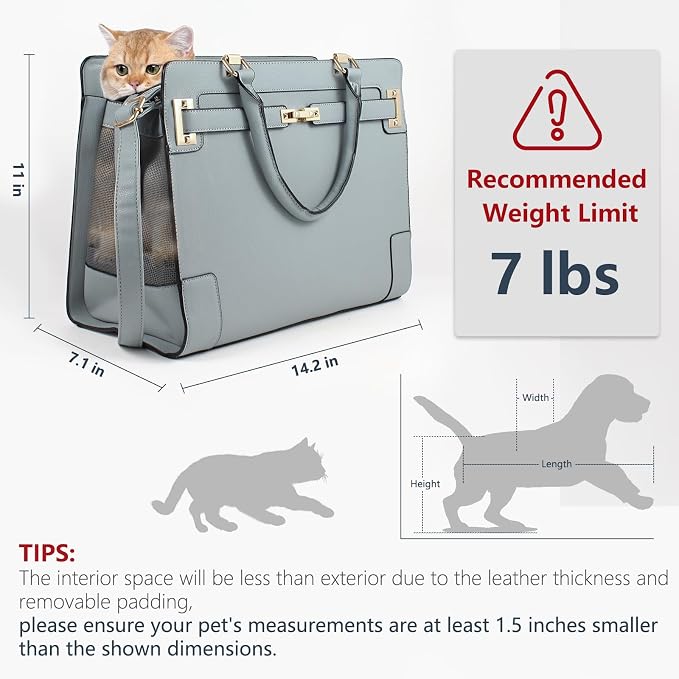 Fashion Dog Purse Carrier for Small Dogs and Cats with 2 Large Pockets PU Leather Pet Carrier Cat Carrier TSA Airline Approved Puppy Kitten Purse Carrier for Travel Hiking Road Trip, Grey