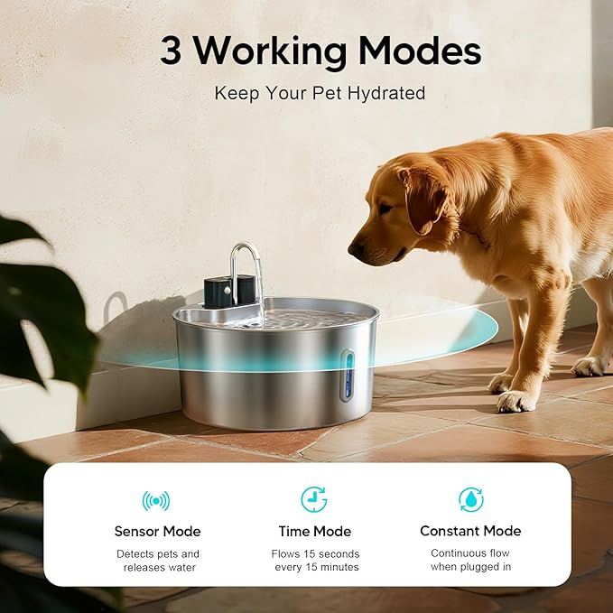 Voluas Dog Water Fountain: 1.8Gal/7L Wireless Stainless Steel Dog Fountain Bowl for Small to Large Dogs, Battery Operated Pet Water Dispenser Indoor with Ultra-Quiet Pump, Easy Clean, 3 Filter