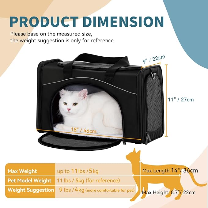 Petsfit Airline Approved Pet Carrier for Small Cats, 15x8x10 TSA Approved Carrier, with Removable Dual-Sided Padding (2-Way Placement) - Fits Under Most Airplane Seats, Escape Proof (Black)