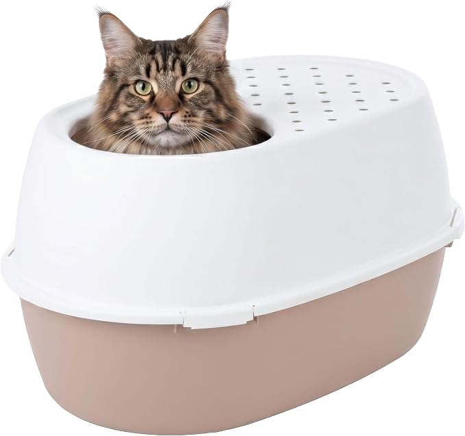 IRIS USA Extra Large Litter Box with Lid, Top Entry, Jumbo Enclosed Covered Litter Box for Large Cats, 19" L x 29" W x 15" H, Dog-Proof 4-Buckle Design, Reduced Tracking Lid, Beige/White