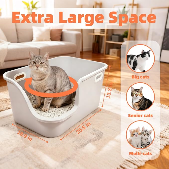 SpaceTime Extra Large Cat Litter Box with High Sides,Jumbo Low Entry Kitty Litter Pan with Portable Handles,XL Multi Cat Boxes for Indoor Kittens,Senior & Big Cats,Anti-Splashing,Easy to Clean (Grey)
