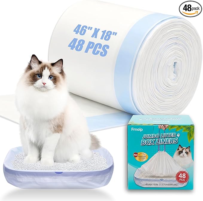48 Pack Super Jumbo Cat Litter Bags - 3MIL Extra Thick Leakproof Litter Box Liners, 46"x18" Heavy Duty Drawstring Cat Litter Liners, Odor Control Disposable Kitty Litter Bags 6 Roll