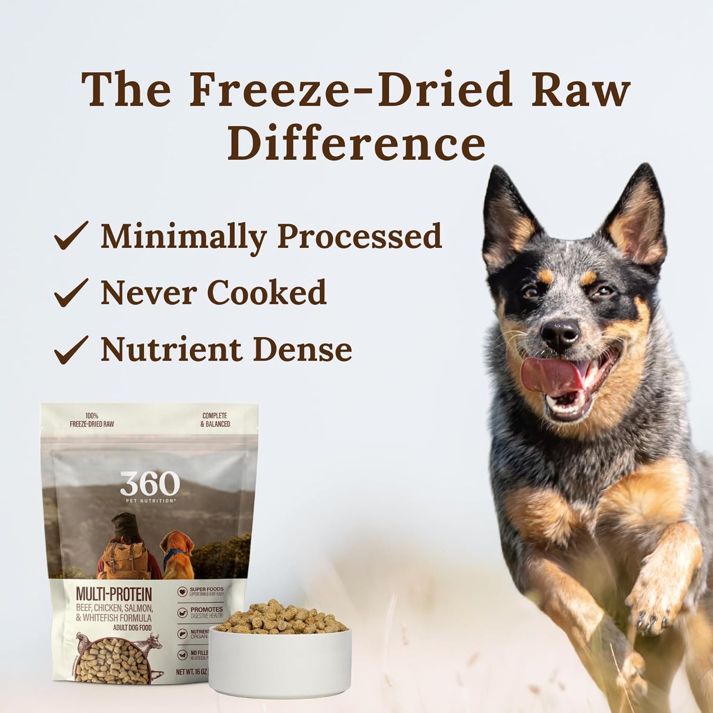 360 Pet Nutrition Freeze-Dried Raw Dog Food – Multi-Protein with Beef, Chicken, Fish, Liver & Organs, High Protein, Omega-3s, Fruits, Veggies & Superfoods, Grain-Free, No Fillers, 3 lb – Made in USA