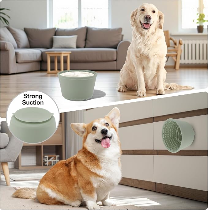 Slow Feeder Dog Bowls, Silicone Dog Lick Bowl with Brush & Scraper, Non-Slip Base Slow Feeder for Anxiety Alleviating & Oral Health, Deep Green