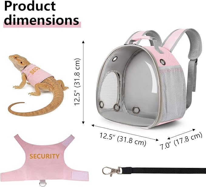 Bearded Dragon Carrier Backpack with Security Printing Harness Set, Reptile Lizard Travel Carrier (Pink, Security Harness)